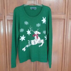 Christmas Silver Sequin Reindeer with Bow-Tie Green Crew Neck Pullover Sweater